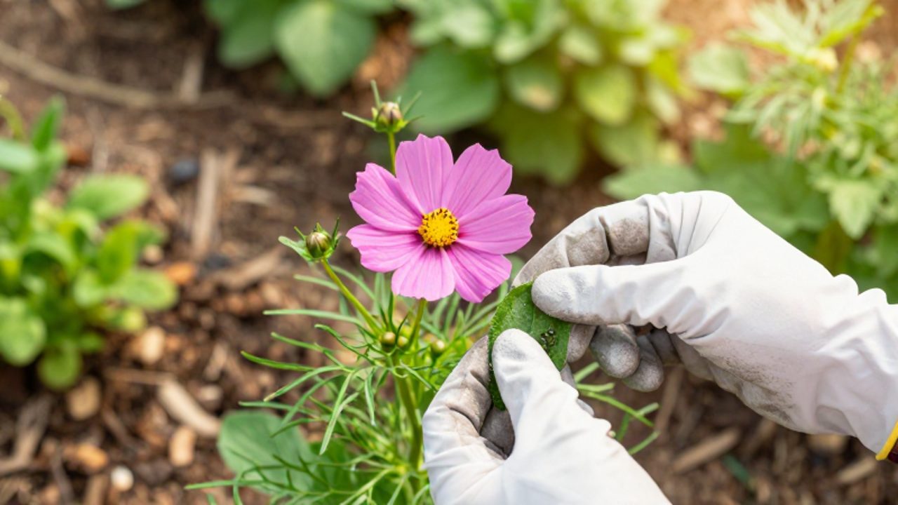 Unas manos con guantes de jardinería inspeccionan con cuidado el follaje y los pétalos rosas de una planta de cosmos en un jardín.