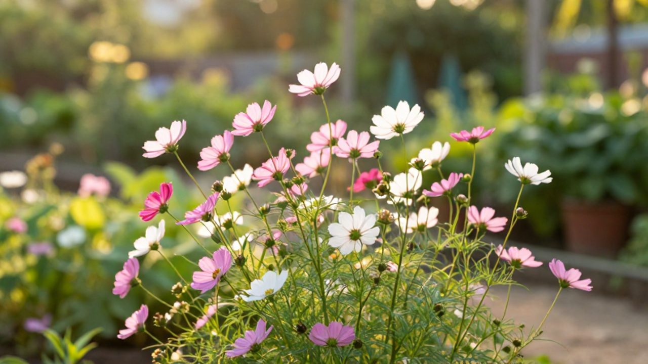 Flores de cosmos en tonos rosa y blanco con follaje verde bajo la luz cálida del sol en un jardín.