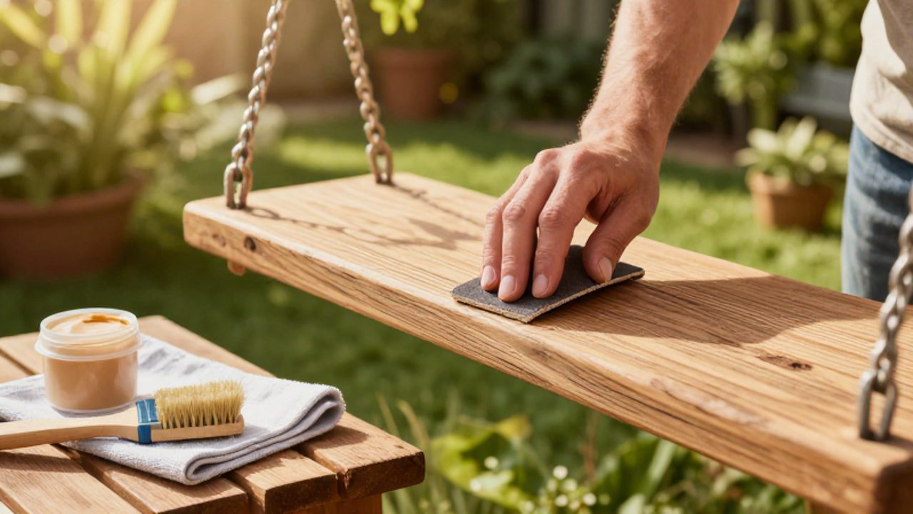Unas manos lijan la madera desgastada de un columpio de jardín junto a materiales de protección como sellador y una brocha.