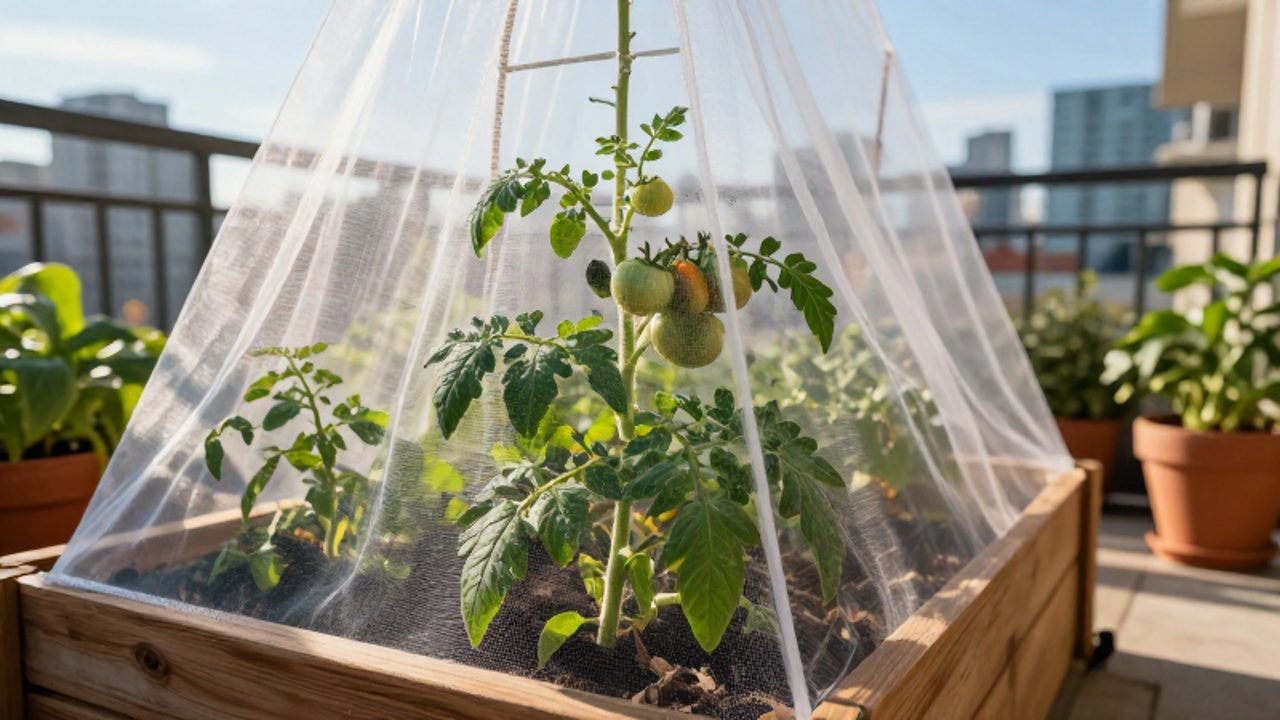 Malla protectora de insectos cubriendo una planta de tomate en un pequeño huerto urbano en un balcón.