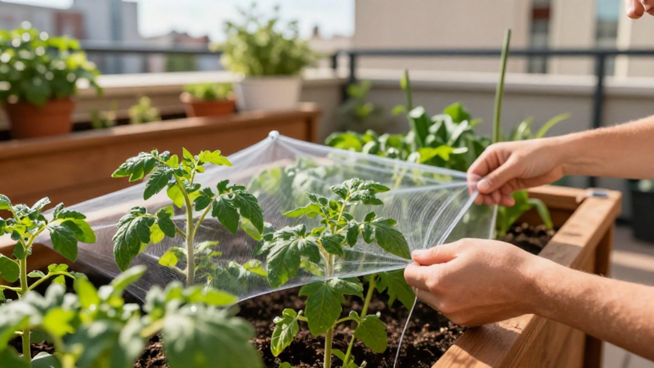 Unas manos colocan una malla protectora fina sobre plantas de tomate en un huerto urbano situado en una terraza.