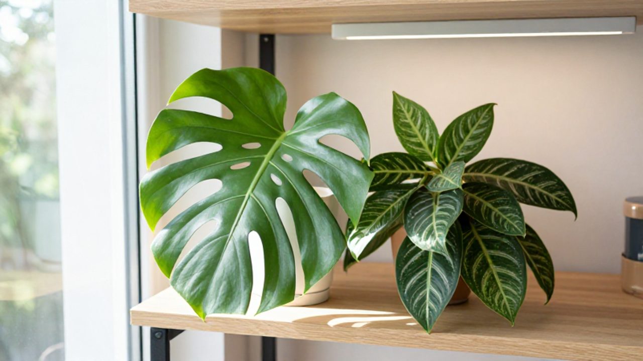 Plantas de interior como una Monstera y una Calathea reciben luz natural de una ventana y un apoyo de luz LED en un estante de madera.