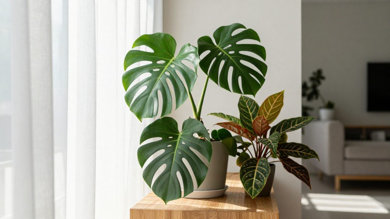 Plantas de interior, incluyendo una Monstera y una Calathea, situadas cerca de un ventanal con luz solar suave y difusa.