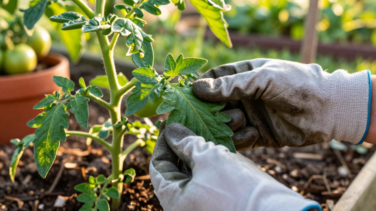 Un jardinero con guantes inspecciona el envés de una hoja de una planta de tomate en busca de plagas en un huerto orgánico.