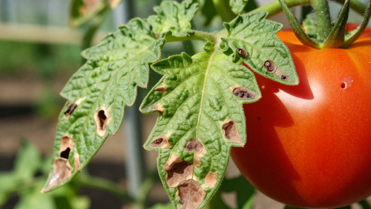 Primer plano de una hoja de tomate con galerías marrones causadas por la polilla y un tomate maduro con pequeños agujeros de entrada.