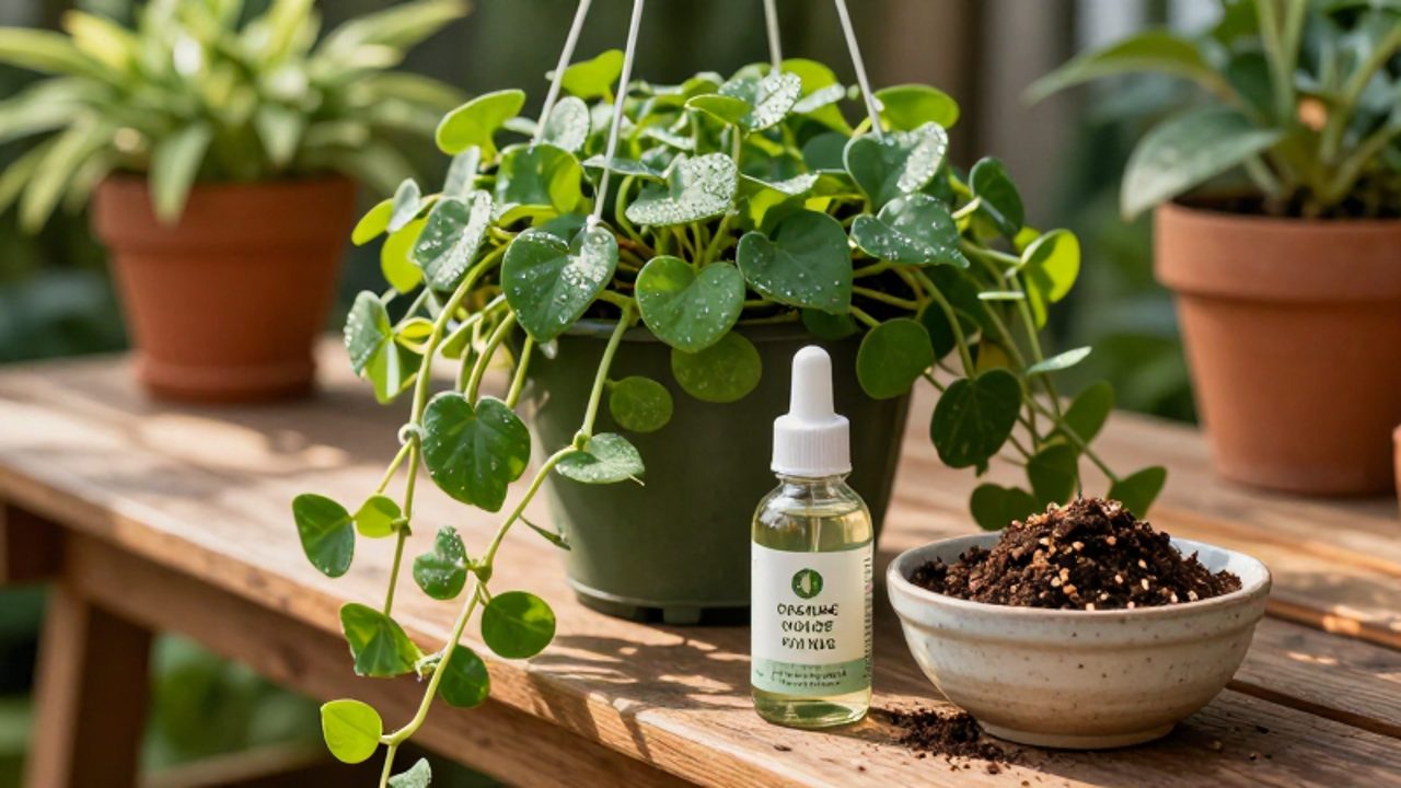 Planta colgante de follaje verde vibrante junto a un frasco de fertilizante líquido y un cuenco con compost orgánico sobre un banco de madera.