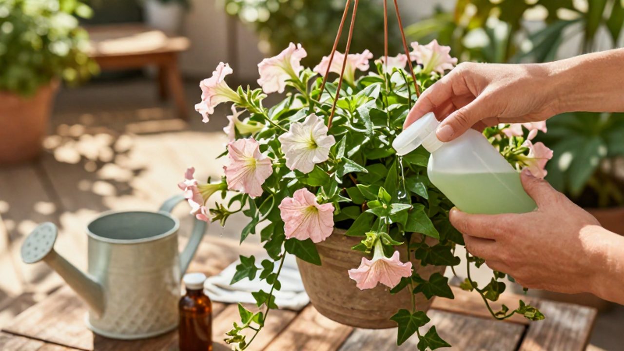 Unas manos riegan con fertilizante líquido una maceta colgante llena de petunias y hiedra sobre una mesa de madera.