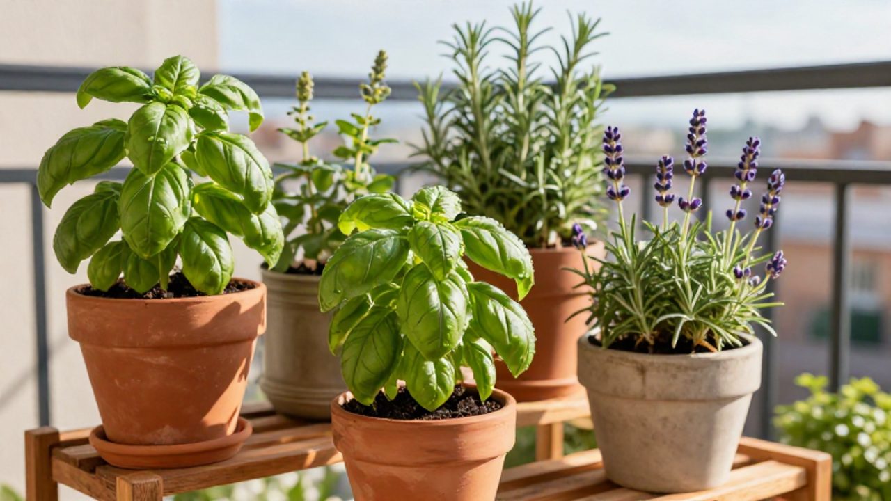 Plantas de albahaca, lavanda y romero crecen en macetas de terracota dispuestas en una estantería de madera en un balcón urbano iluminado por el sol.