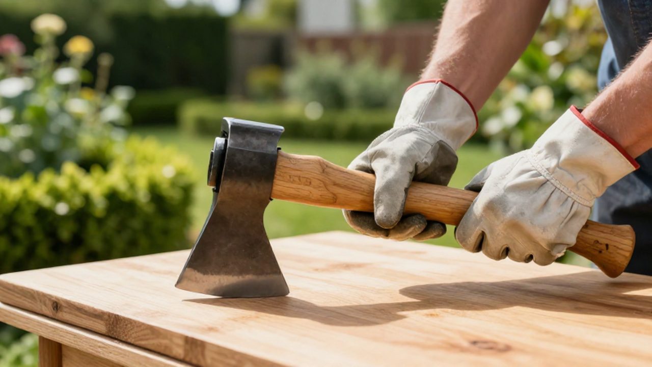 Un jardinero con guantes de cuero inspecciona con cuidado un hacha de acero y mango de madera apoyada sobre un bloque de madera en un jardín.