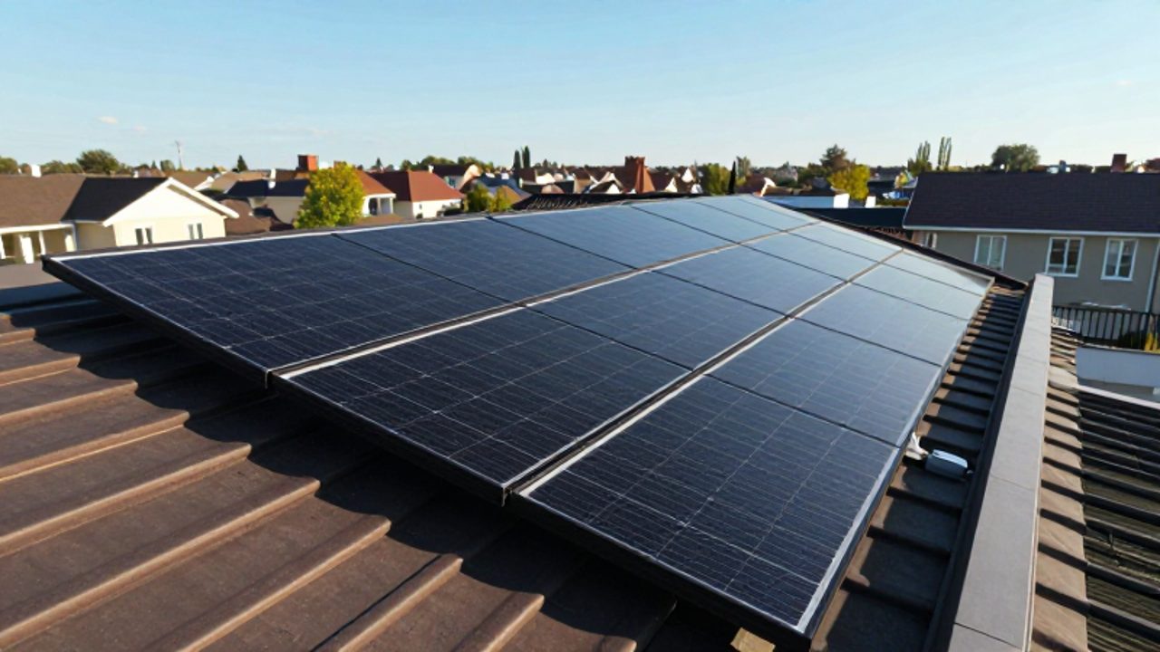 Paneles solares de color negro instalados sobre el tejado de una casa moderna bajo un cielo despejado.