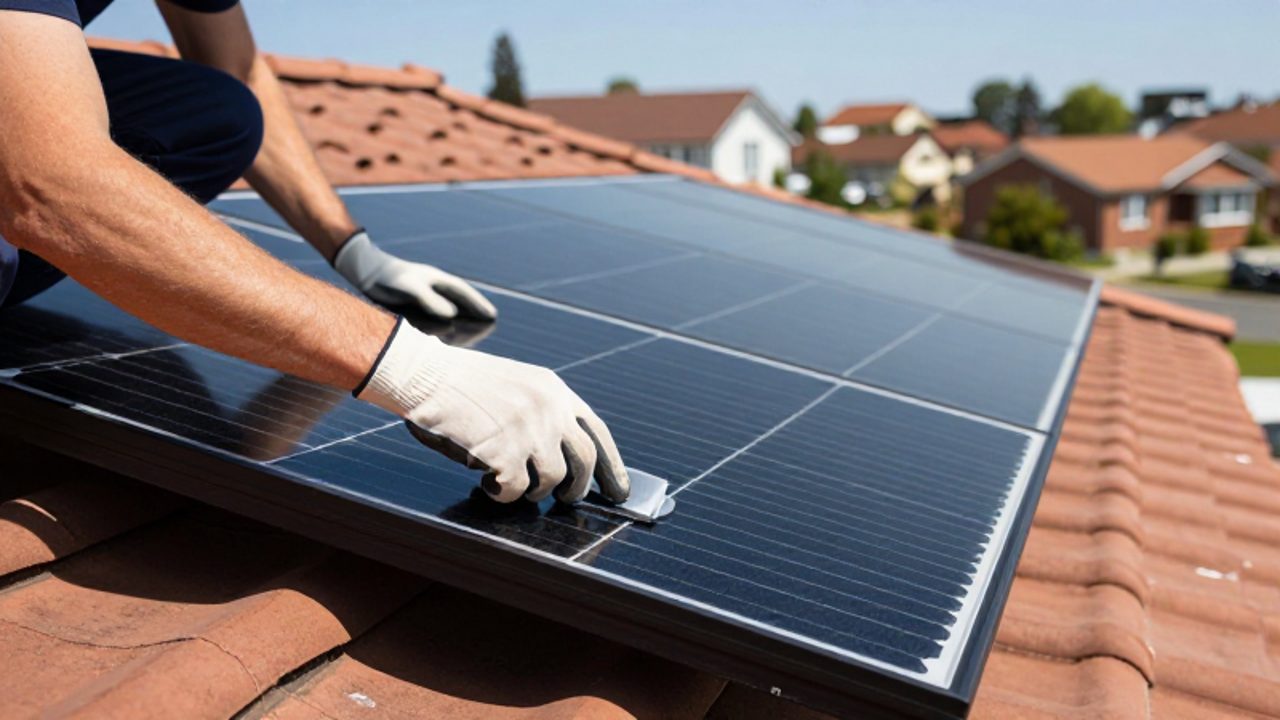 Un técnico con guantes limpia cuidadosamente un panel solar monocristalino instalado en el tejado de una vivienda.