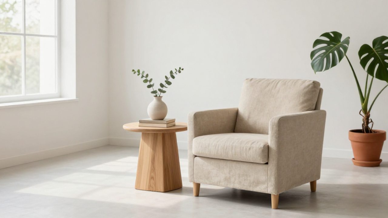 Un rincón de una sala de estar minimalista con un sillón de lino beige, una mesa de madera clara y una planta junto a una ventana con luz natural.