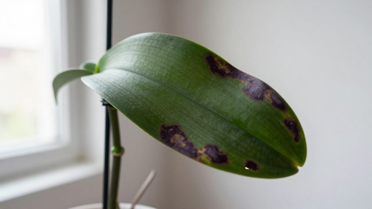 Primeros síntomas de infección en una hoja de orquídea Phalaenopsis con manchas oscuras y zonas necróticas.