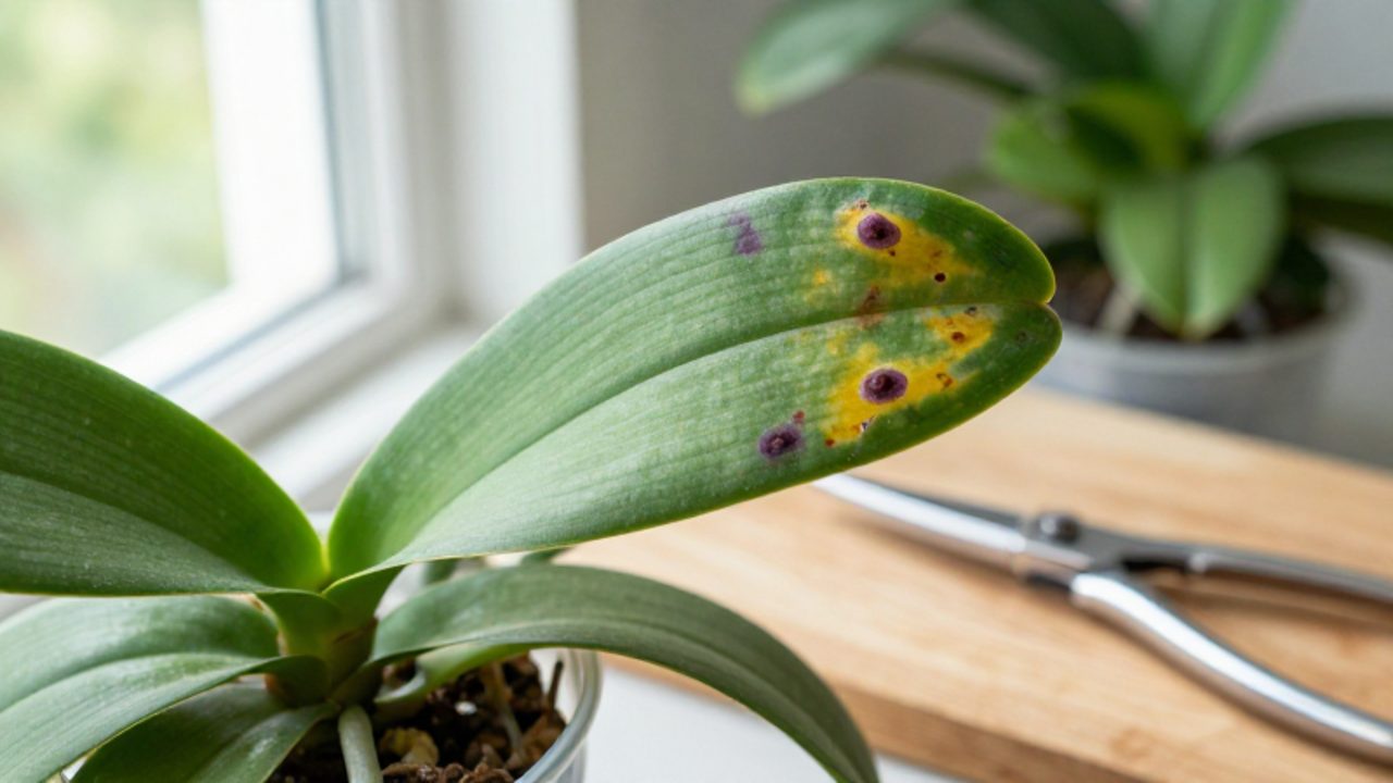 Hoja de una orquídea Phalaenopsis con manchas necróticas oscuras y decoloración amarillenta por septicemia junto a unas tijeras de poda.