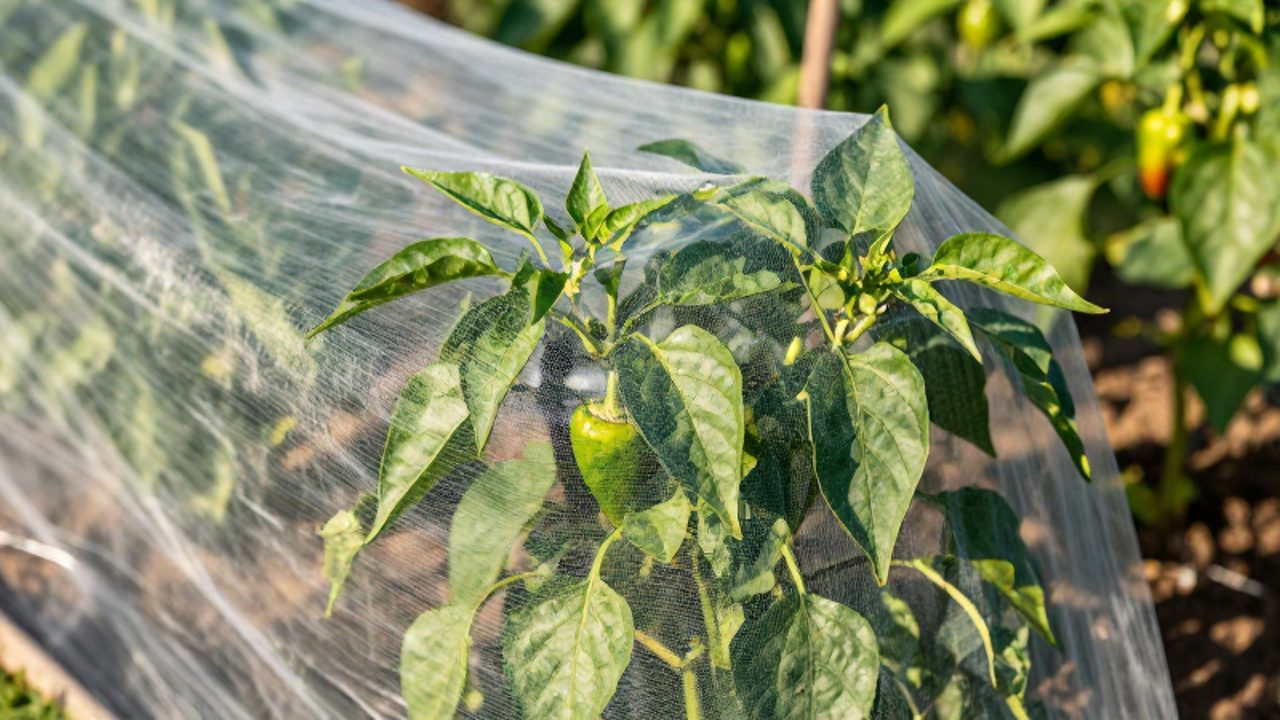 Una malla fina y transparente cubre una planta de pimiento en un huerto para protegerla de las plagas.
