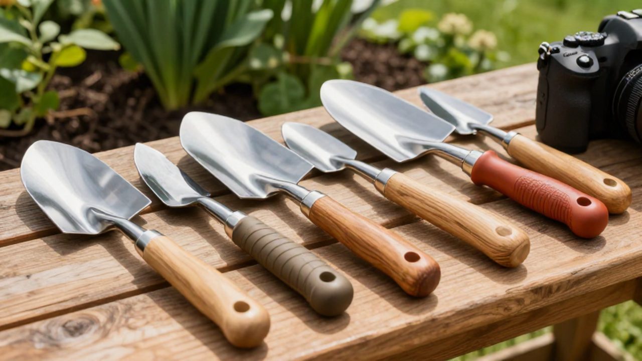 Variedad de palas y trasplantadores con mangos ergonómicos de madera y goma dispuestos sobre un banco de madera en un jardín.