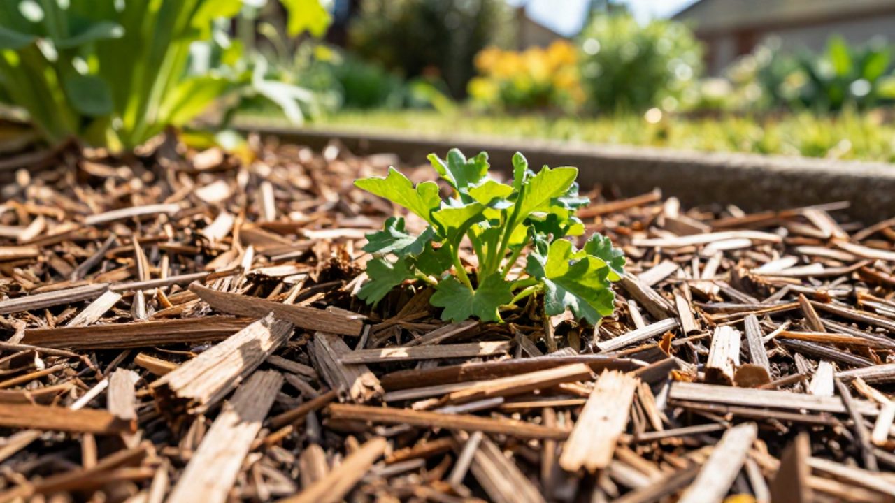 Planta verde creciendo entre una capa densa de virutas de madera que cubren el suelo de un jardín.