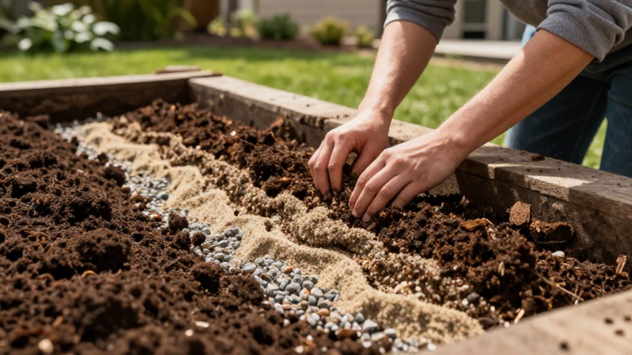 Manos de un jardinero distribuyendo capas de compost y arena sobre la base excavada de un jardín de lluvia.