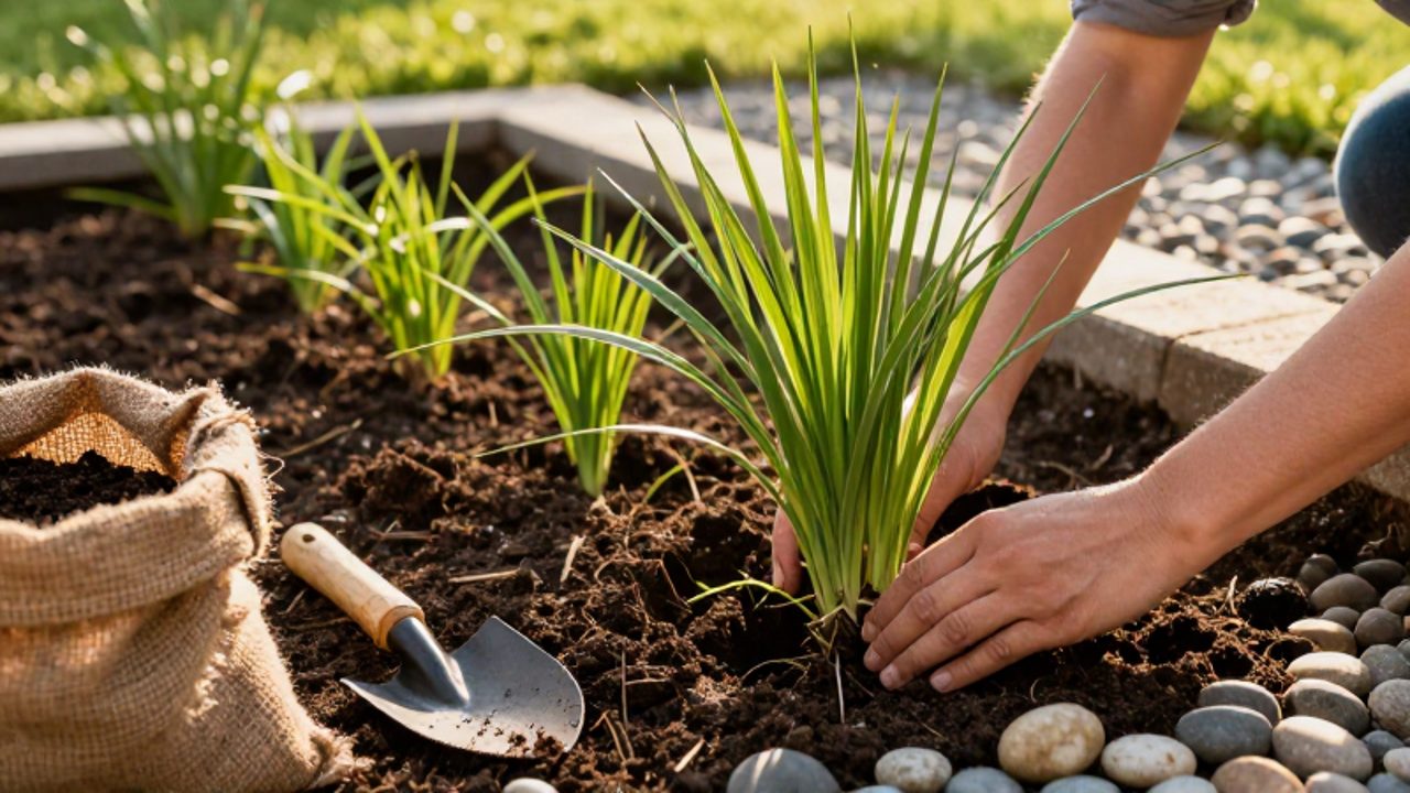 Un jardinero planta una gramínea ornamental en el lecho de tierra y piedras de un jardín de lluvia recién preparado.