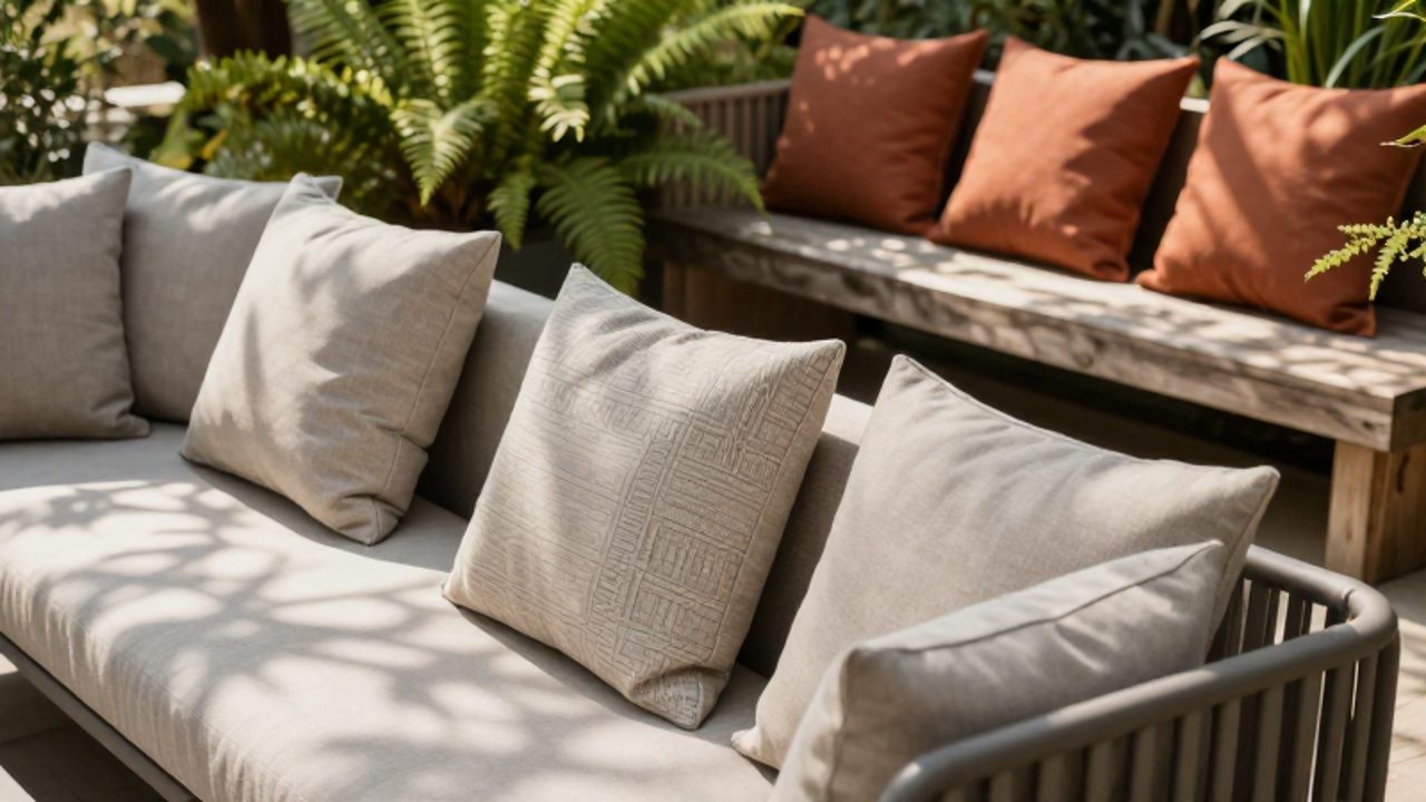 Dos zonas de descanso exteriores contrastan estilos: una con cojines neutros y minimalistas en una silla moderna, y otra con cojines terracota de lino sobre un banco de madera rodeado de helechos.