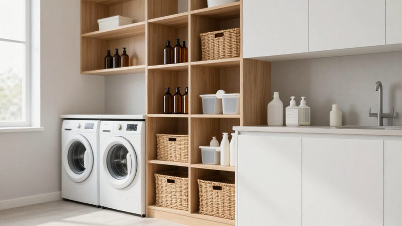 Lavadero moderno y luminoso con lavadora y secadora apiladas, estanterías de madera con cestas y recipientes organizados para aprovechar el espacio vertical.