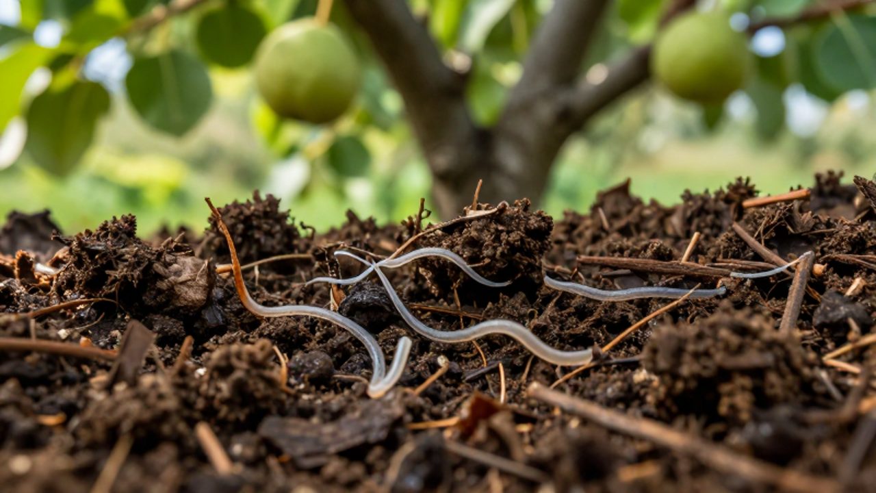 Nematodos microscópicos moviéndose a través de la tierra húmeda y la materia orgánica en la base de un peral.