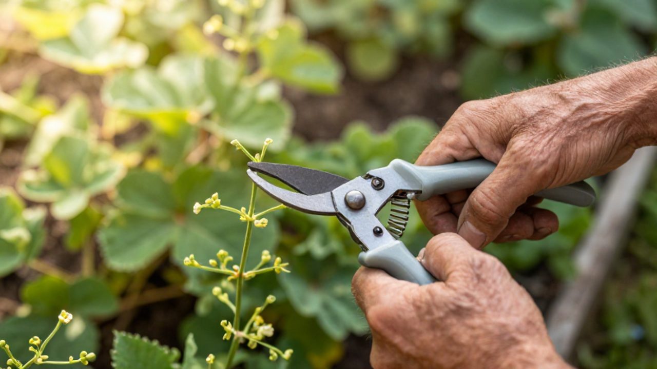 Un jardinero utiliza tijeras manuales de bypass para realizar un corte de precisión en el tallo de una pequeña planta con flores.