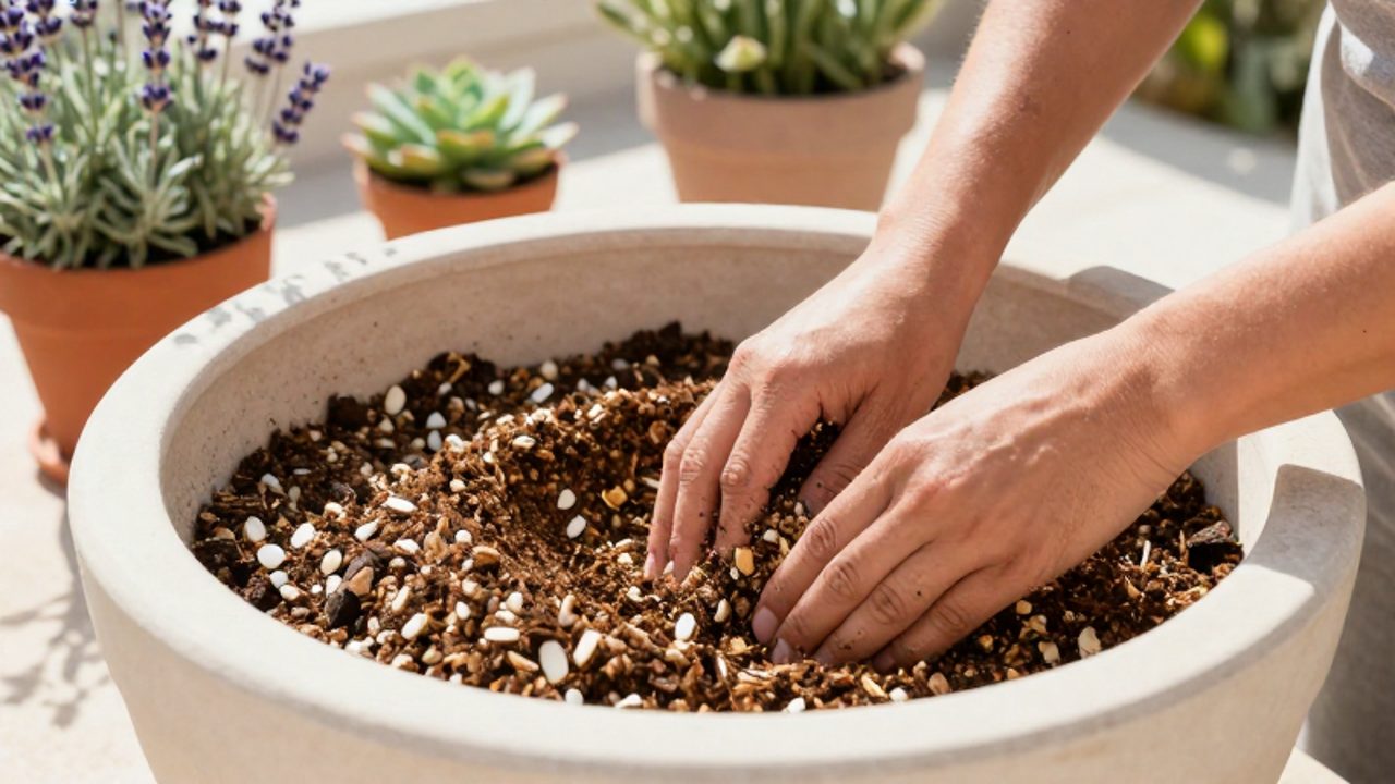 Manos de un jardinero mezclando un sustrato con perlita y materia orgánica dentro de una maceta de cerámica.