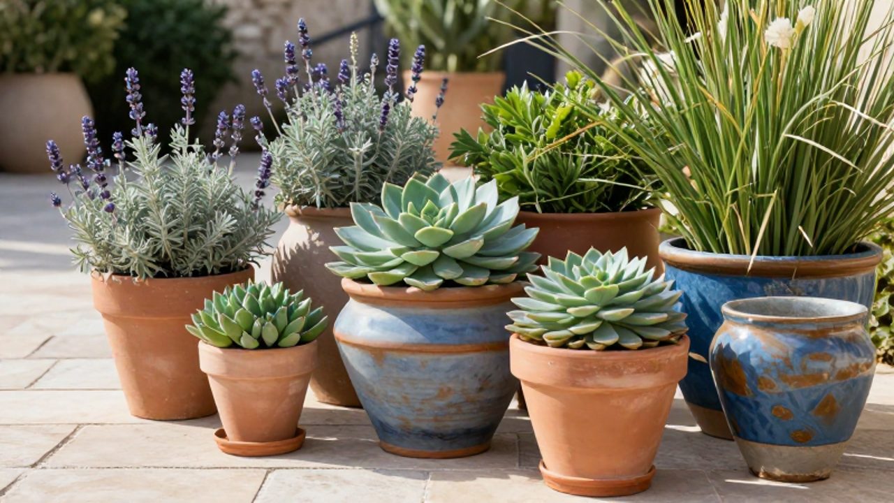 Variedad de plantas resistentes a la sequía, como lavanda y suculentas, dispuestas en macetas de terracota y cerámica sobre una terraza soleada.