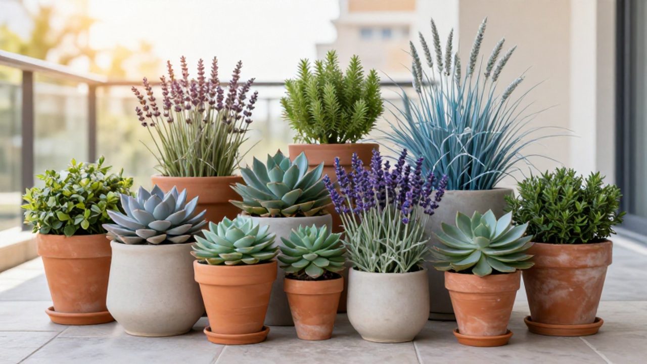 Variedad de plantas suculentas, lavanda y gramíneas dispuestas en macetas de terracota y cerámica sobre una terraza iluminada por el sol.