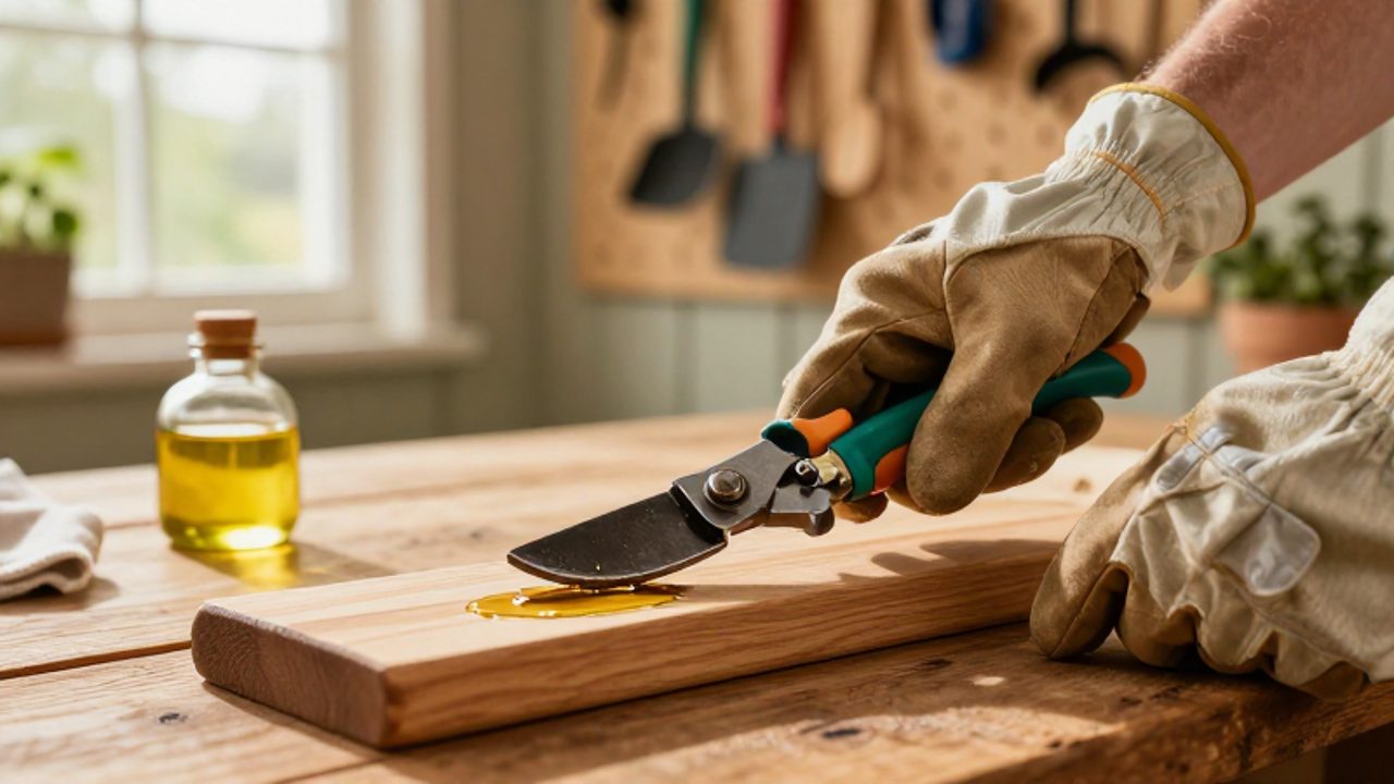 Unas manos con guantes de jardinería aplican aceite mineral sobre el mango de madera de una tijera de podar en un banco de trabajo.