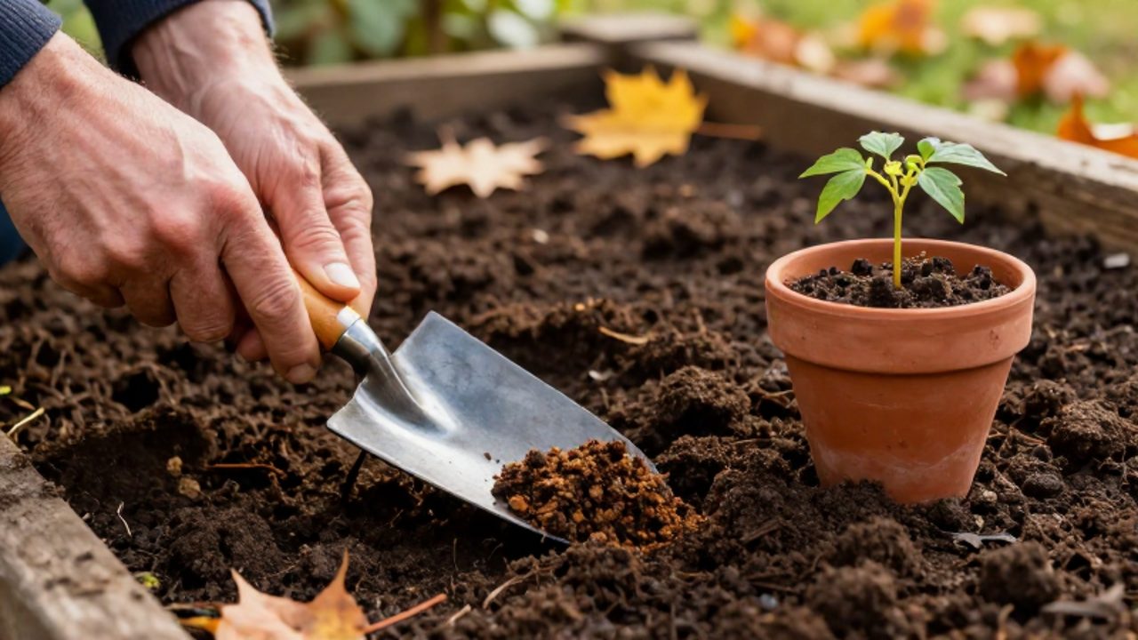 Unas manos mezclan compost orgánico en la tierra de un parterre de jardín con hojas de otoño esparcidas alrededor.