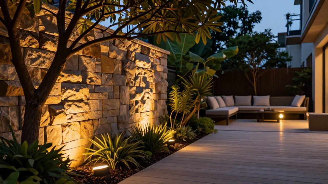Un jardín al atardecer iluminado con luces cálidas ocultas que bañan un muro de piedra y un árbol ornamental, creando un ambiente relajante sobre una plataforma de madera.