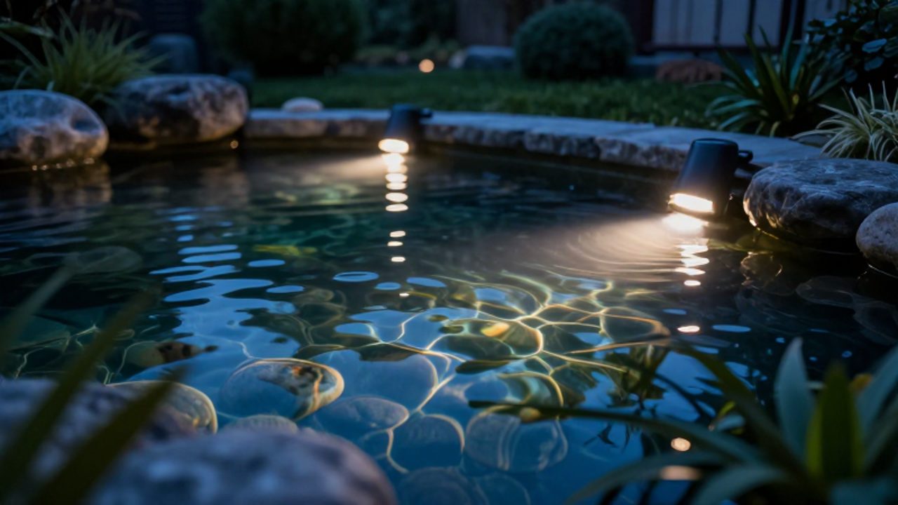 Luces LED sumergidas iluminan un estanque de peces koi con un resplandor cálido, resaltando las piedras y plantas acuáticas bajo el agua al atardecer.