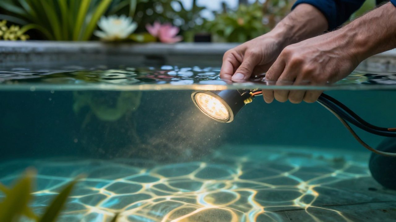 Un técnico realiza el mantenimiento de un foco LED sumergido en un estanque de jardín con plantas acuáticas.