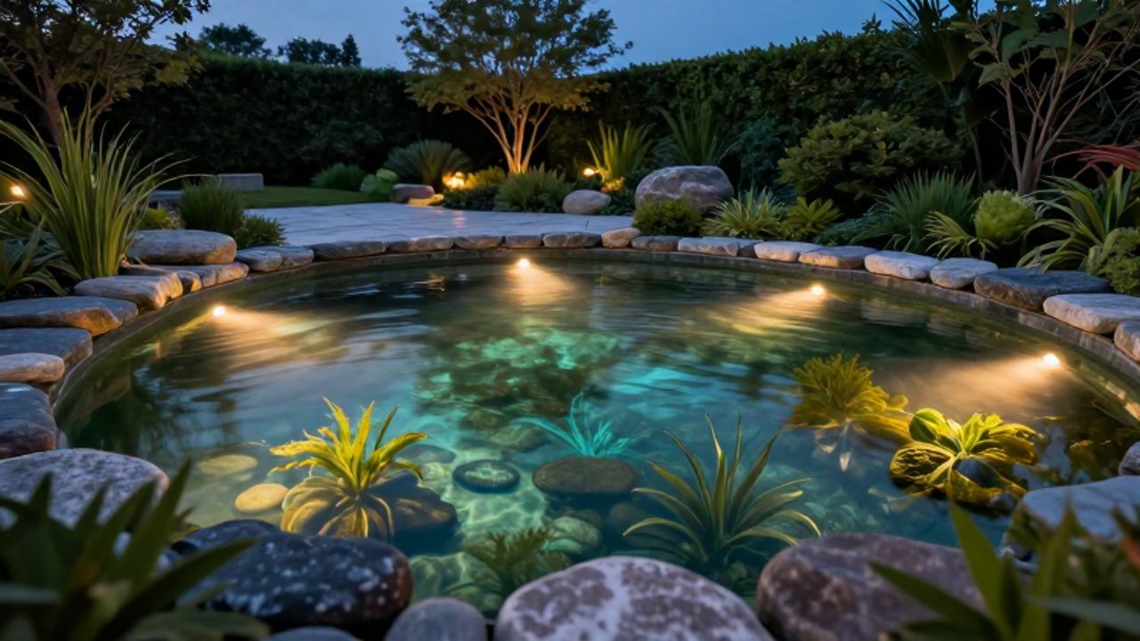 Un estanque iluminado desde el fondo mediante luces LED cálidas que resaltan las plantas acuáticas y las piedras bajo el agua al atardecer.