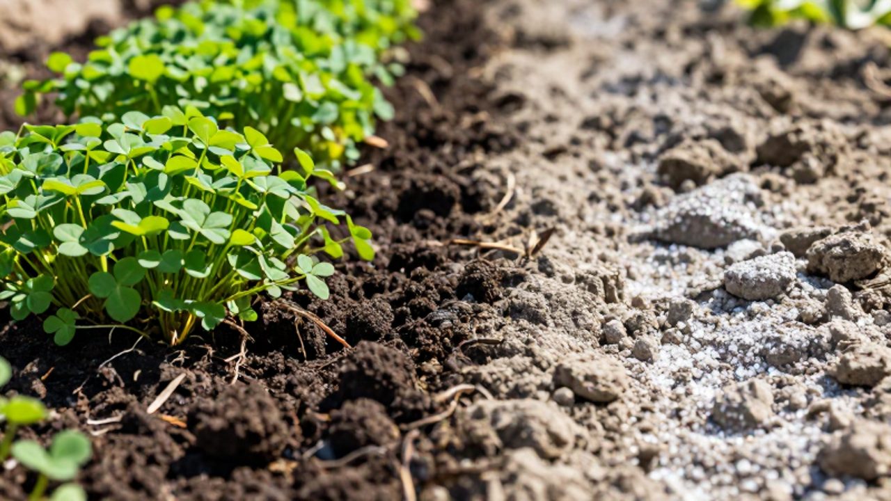 Comparativa entre un suelo fértil y oscuro cubierto de plantas verdes y raíces, frente a un suelo seco, compactado y cubierto de granos químicos blancos.