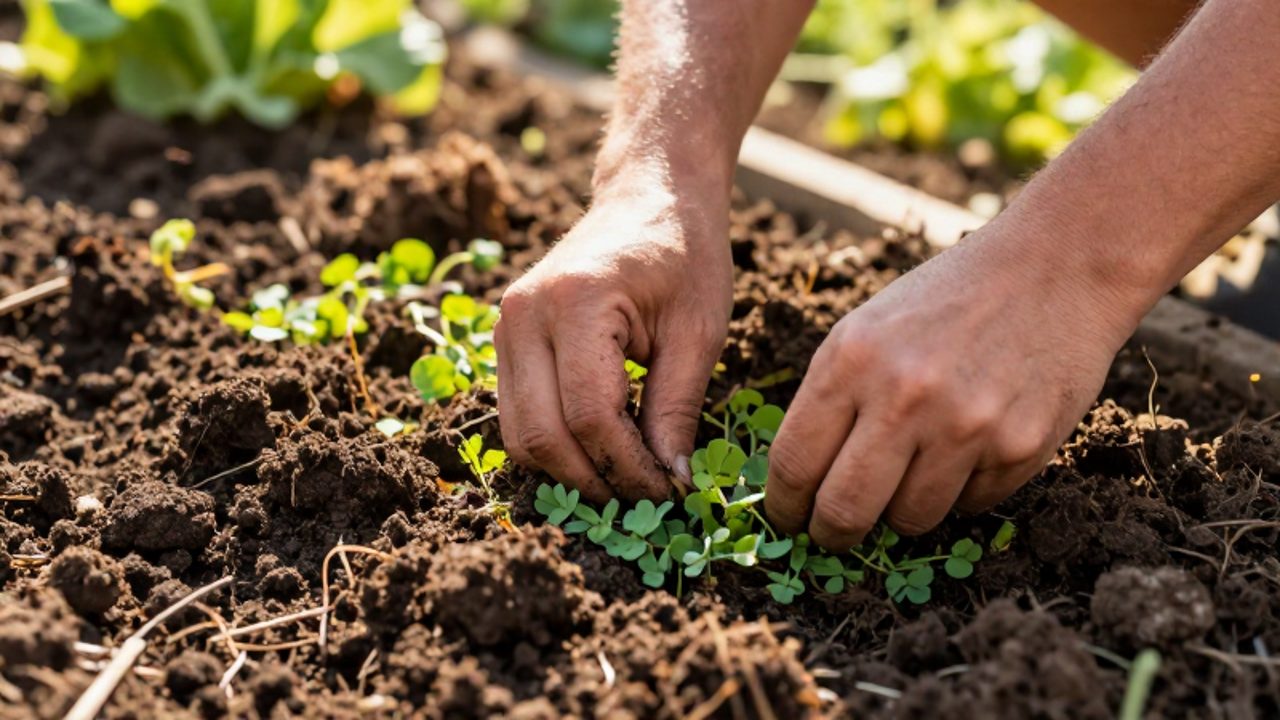 Manos de un jardinero integrando restos de trébol y cobertura verde en un suelo oscuro y rico en un huerto.