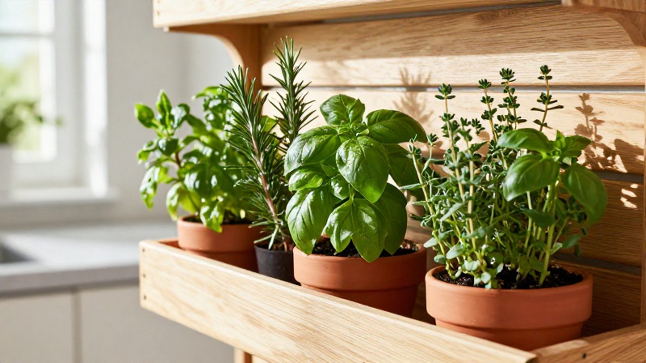 Variedad de hierbas aromáticas como albahaca, romero y tomillo creciendo en macetas de terracota sobre una estructura de madera en una cocina luminosa.