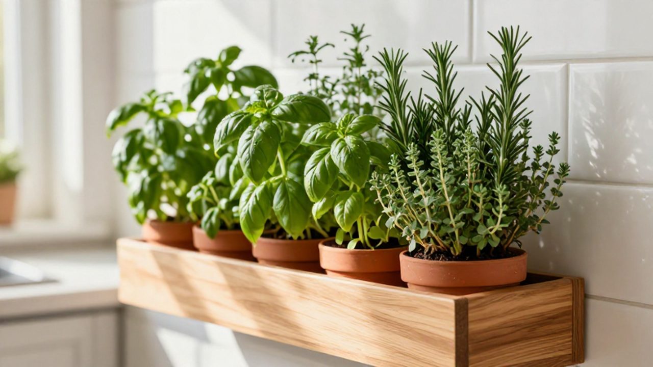 Variedad de hierbas aromáticas como albahaca, romero y tomillo creciendo en macetas de terracota sujetas a una estructura de madera en una cocina moderna.