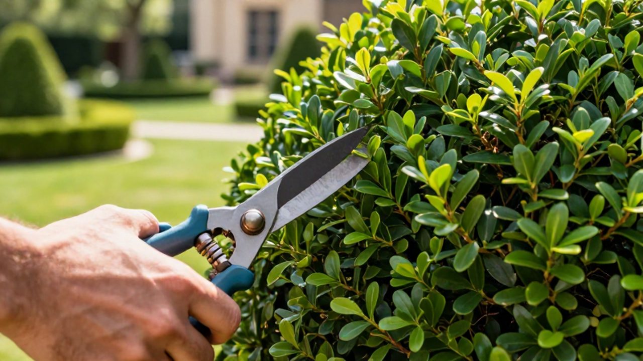 Mano de un jardinero podando con tijeras un seto de boj de hojas verdes y densas en un jardín residencial.