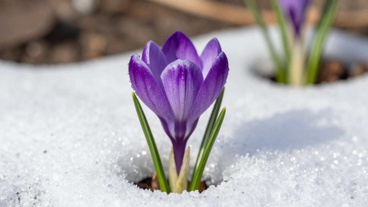 Una flor de crocus morado brota entre una fina capa de nieve en un jardín.
