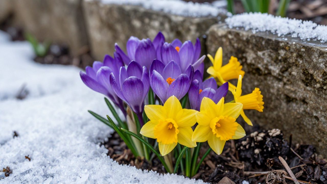 Flores de crocus púrpuras y narcisos amarillos brotan entre restos de nieve y escarcha en un jardín.