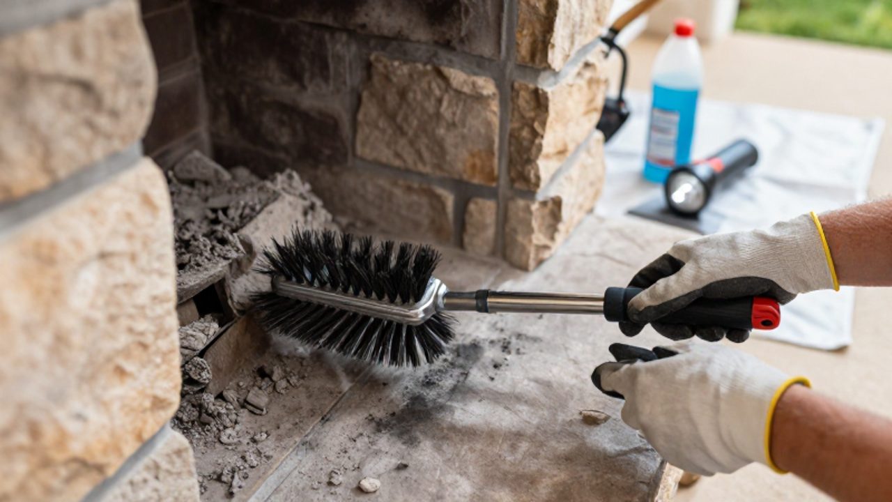 Manos con guantes de protección usando un cepillo de alambre para remover el hollín de las paredes internas de una chimenea de piedra.