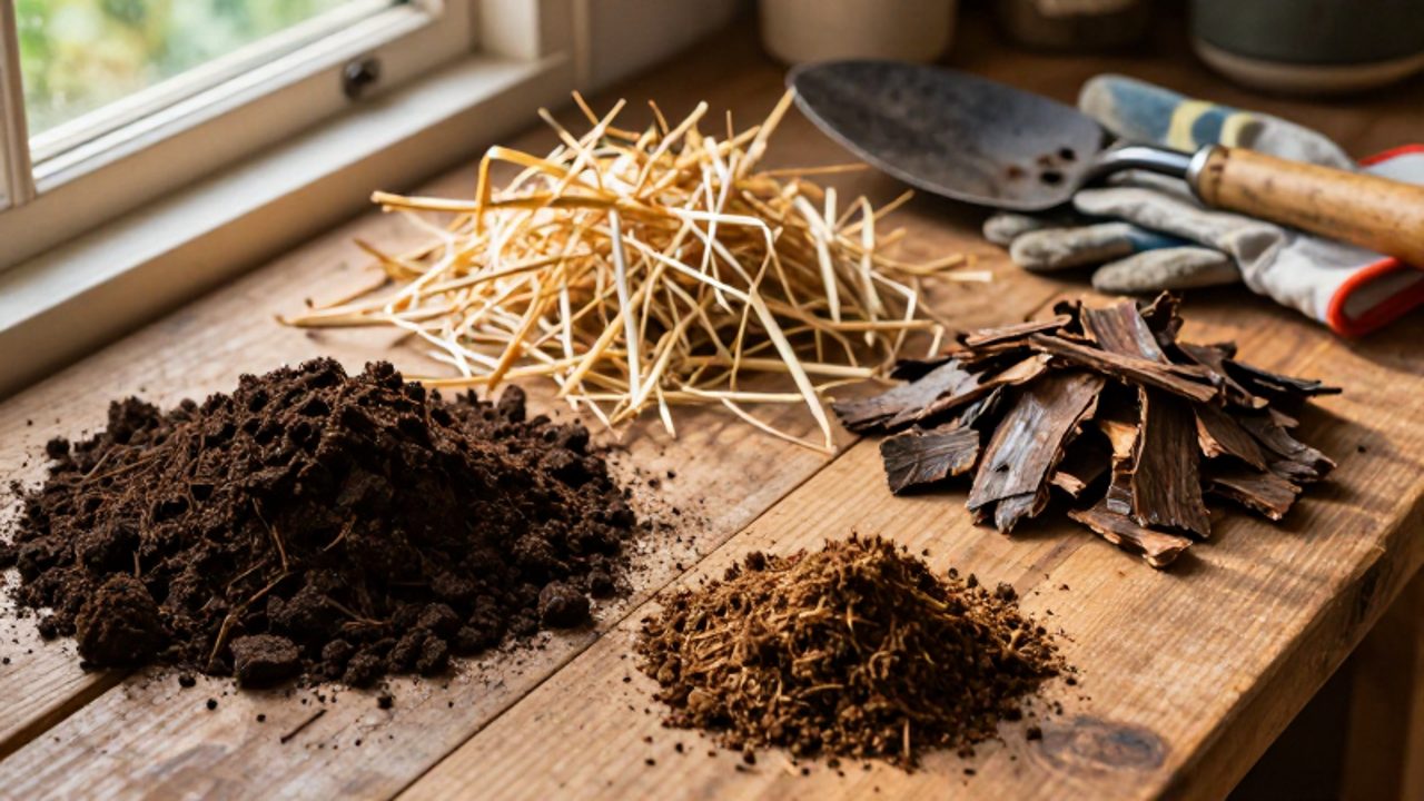 Diferentes tipos de enmiendas orgánicas, como compost, paja, estiércol y corteza, dispuestos sobre un banco de madera junto a herramientas de jardinería.