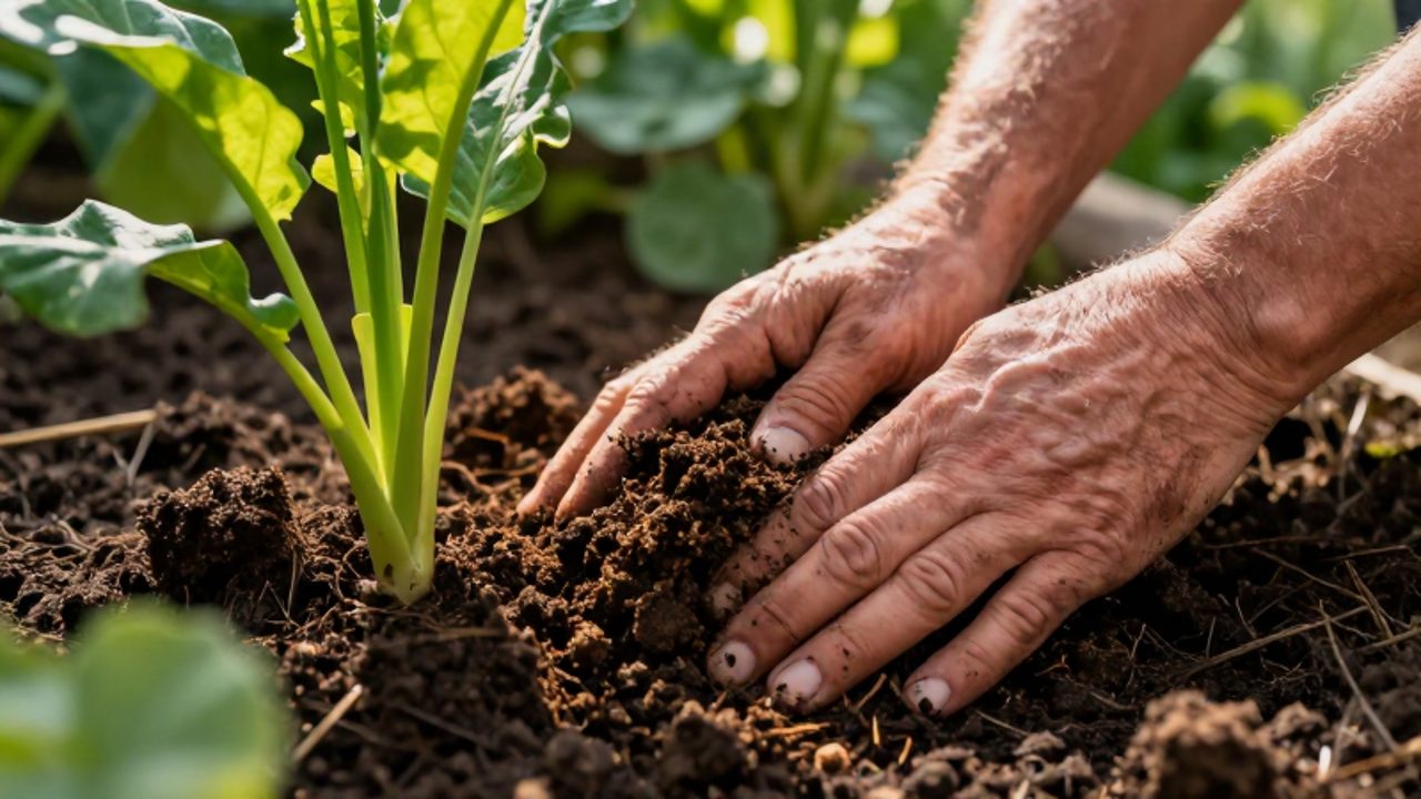 Manos de un jardinero aplicando compost orgánico oscuro sobre la tierra alrededor de una planta verde.