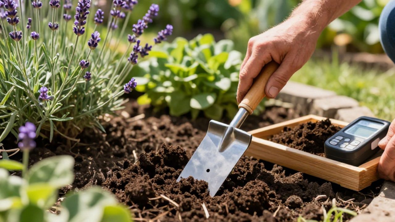 Manos de un jardinero extrayendo una muestra de tierra de un parterre con un probador de suelo metálico en un jardín soleado.