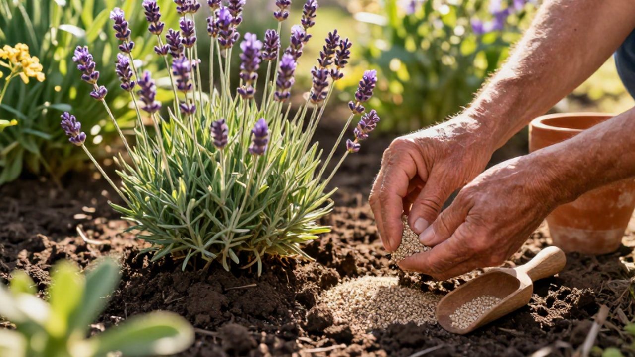 Manos de un jardinero esparciendo fertilizante orgánico granular alrededor de la base de una planta de lavanda en un jardín soleado.