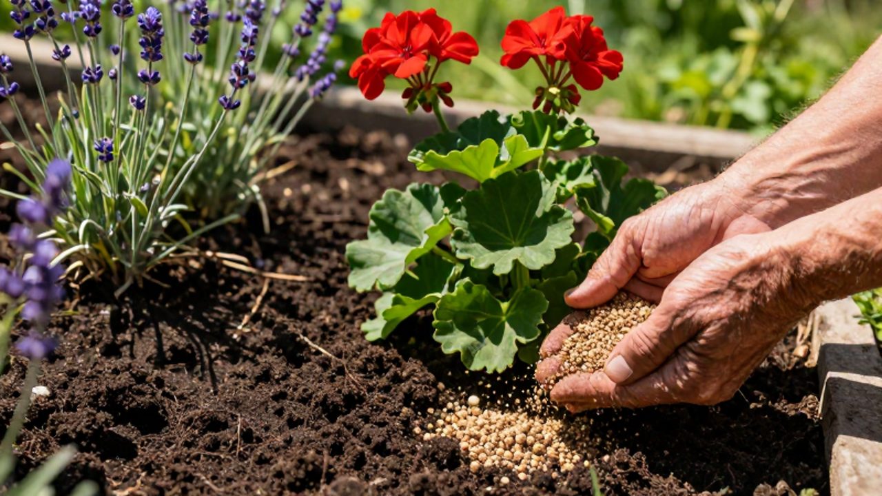 Manos de un jardinero esparciendo fertilizante orgánico granulado sobre la tierra oscura alrededor de una planta verde en un jardín iluminado por el sol.