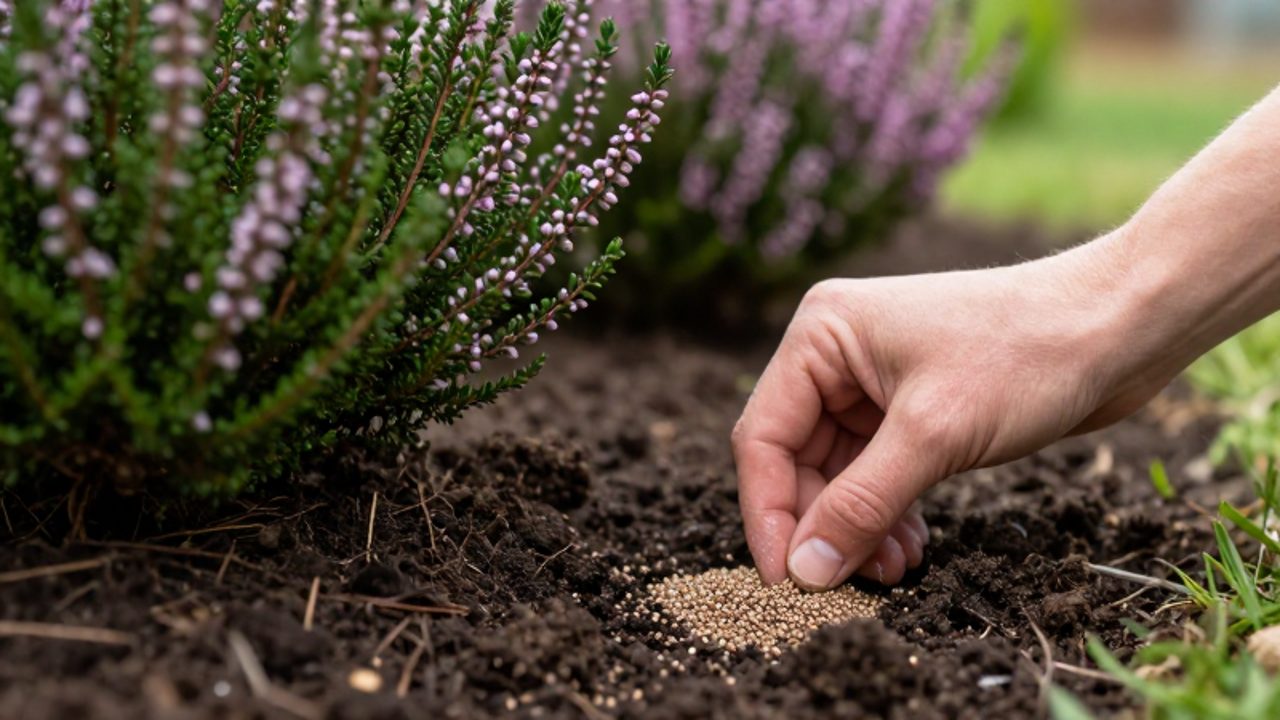 Unas manos esparcen granos de fertilizante sobre la tierra húmeda en la base de un brezo verde y frondoso.